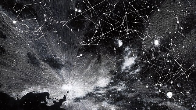 divine cartographer of the universe, vast silhouette shaping constellations and planetary systems in midair, glowing lines and stars connecting across the scene, cosmic conceptual art 