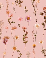 Delicate Pressed Wildflowers on Soft Pink Background, Perfect for Vintage Aesthetic or Nature-Inspired Design