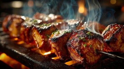 Close-Up of Chicken Tikka Skewers with Charred Edges and Smoke