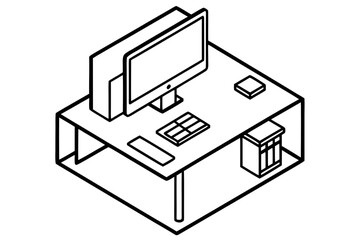 line art Isometric office workspace with computer, vector illustration