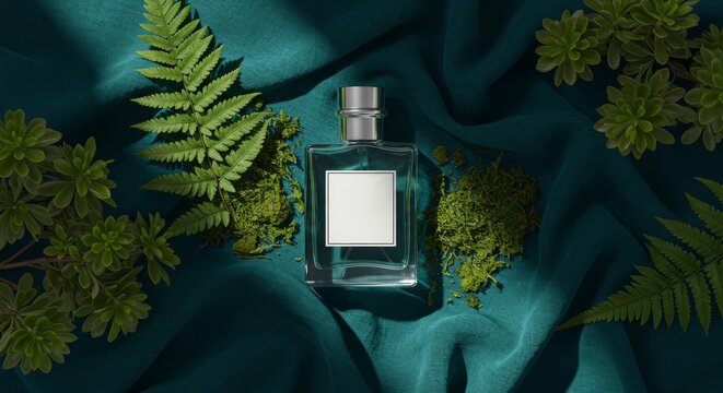 Perfume Bottle on Teal with Greenery
