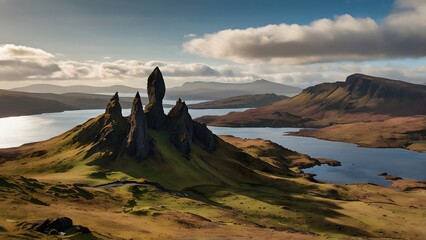 Mystical castle perched on a rugged scottish island overlooking serene lochs and dramatic mountains under a cloudy sky