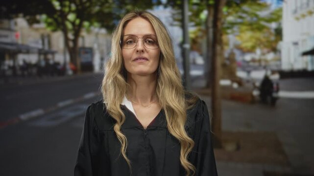 Portrait of a woman raising her hand in a gesture of rejection on a street, young blonde judge wearing a uniform in the outdoors, looking displeased.