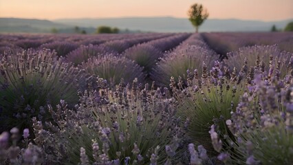 Obraz premium Rows of blooming lavender fields in provence france at sunset with a single tree