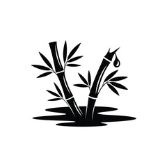 Stylized black and white silhouette of bamboo stalks with leaves and shadow