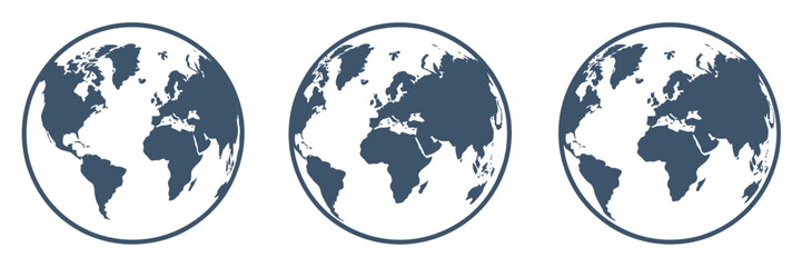 Obraz premium Set of three vector globes showing different views of the planet Earth. World map illustration in a flat, modern style for global concepts. c