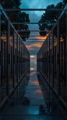 A symmetrical atmospheric and moody perspective of a modern elevated walkway or bridge at dusk with reflections on the wet surface and silhouetted trees against a colorful twilight sky