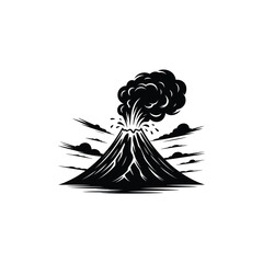 Dramatic black and white illustration of an erupting volcano with smoke and clouds © JJMS