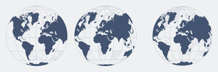 A graphic vector illustration of the planet Earth shown in three different globe projections with continents and grid lines