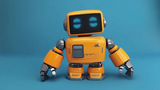 Friendly orange robot waving hello in a bright, modern, clean, and simple scene