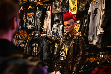 Punk woman in vintage clothing store showing jacket to customer.