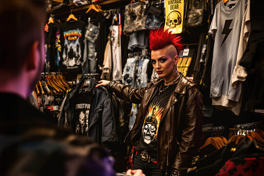 Punk woman in vintage clothing store showing jacket to customer.