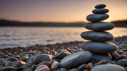 Zen rock cairn balanced on a pebble beach at sunset with calm water background