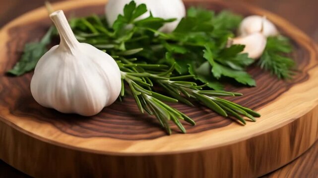 Fresh herbs and garlic arranged on a wooden cutting board