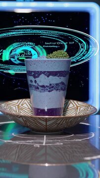 Vertical video different stages of a replicator creating layered desserts, with a futuristic interface displaying holographic projections of a spiral galaxy in the background