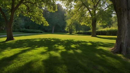 Naklejka premium Sunlight filtering through green trees onto a lush grassy park lawn