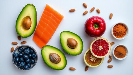 Naklejka premium Healthy food assortment with avocado salmon blueberries and spices