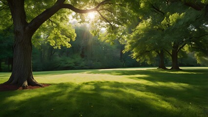 Fototapeta premium Sunlight filters through lush green trees onto a grassy park lawn casting long shadows