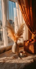 Fototapeta premium Sunlight streams through a window, illuminating a vase of pampas grass, a cup of tea, and a wicker basket