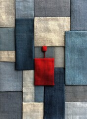 Red pouch nestled within a grid of various shades of gray and beige fabric squares