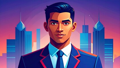 Man in suit, cityscape backdrop