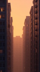 Urban Landscape at Sunrise with Tall Buildings and Soft Fog in Warm Light