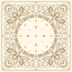 Bandanna Print, Vanilla paisley lace floral seamless pattern. vanilla, flower, decorative ornament. bandana pattern template. Silk neck scarf or kerchief square pattern design.