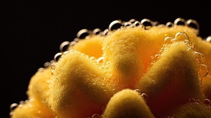 Close-up of a yellow sponge with foam on a black background, captured in a macro shot ideal for car cleaning service ad banner design to highlight cleaning tools for promotional use.