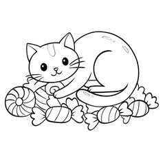 Cute cartoon cat lying on candies in playful black and white line art