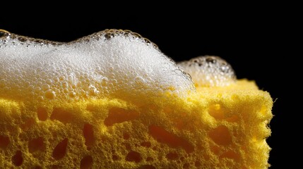 Close-up of a yellow sponge with foam on a black background, captured in a macro shot ideal for car cleaning service ad banner design to highlight cleaning tools for promotional use.