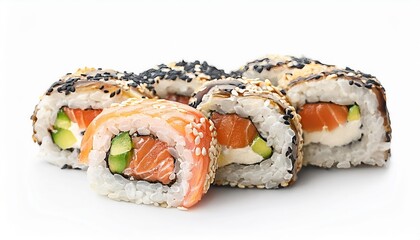 Delicious Salmon Sushi Rolls with Avocado and Sesame Seeds Close up View of Fresh Japanese Cuisine