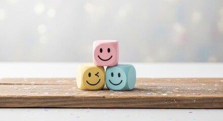 Three colorful wooden blocks stacked with smiley faces cube