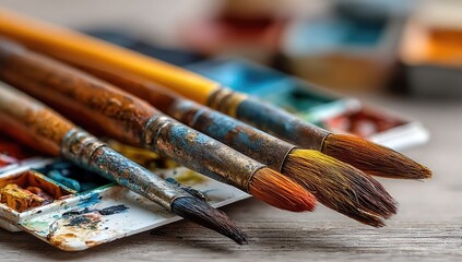 Fototapeta premium Close-up of used paintbrushes on a palette
