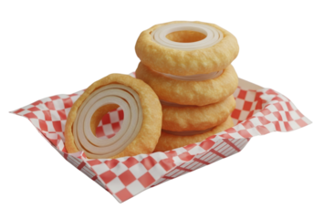 Delicious golden brown onion rings stacked high on a classic red and white checkered paper tray showcasing a tasty appetizer or snack option against a stark black background
