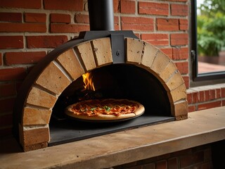 Delicious pizza cooking in a rustic brick wood fired oven