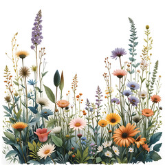 indigenous plants and ambient flora in curated wilding garden ,  watercolor art style on white background