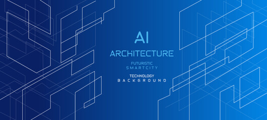 Blue Technology Background with AI Architecture and Modern Futuristic City Grid