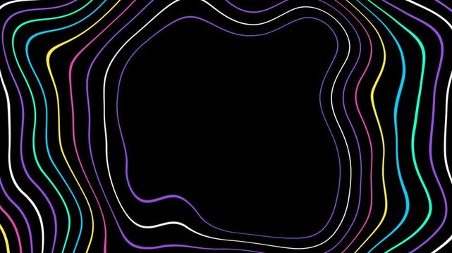 Abstract background with a central black space surrounded by thin, multicolored psychedelic wave patterns