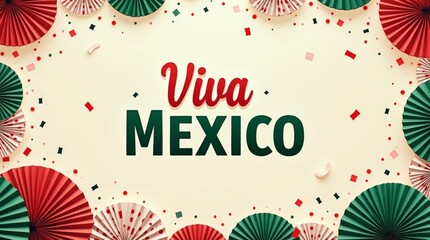 Modern minimalist poster design featuring bold typography reading "Viva Mexico" with papel picado ornaments and festive typography in red, green, and white