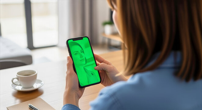 Woman holding smartphone with green screen in home office setting with coffee and notebook visible near by