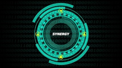 Synergy concept digital interface with glowing icons for business growth and customer interaction on binary code background - Powered by Adobe