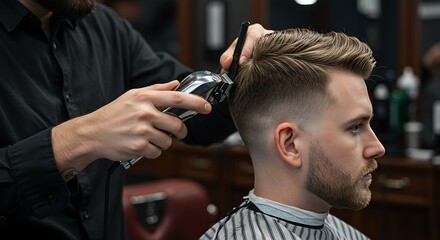 Fototapeta premium Man cuts hair in a men's hairdresser and barber, a hairdresser cuts the hair with a clipper, close up. Process of creating a stylish men's hairstyle in a barbershop.