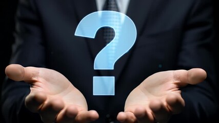 Businessman Holding Glowing Blue Question Mark Hologram