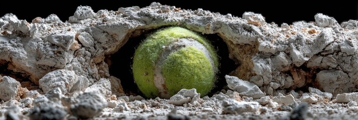 Tennis ball nestled in a cavity of crumbled debris