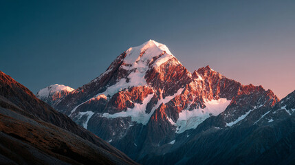A majestic mountain range with snow capped peaks under a clear blue and pink hued sky at golden hour