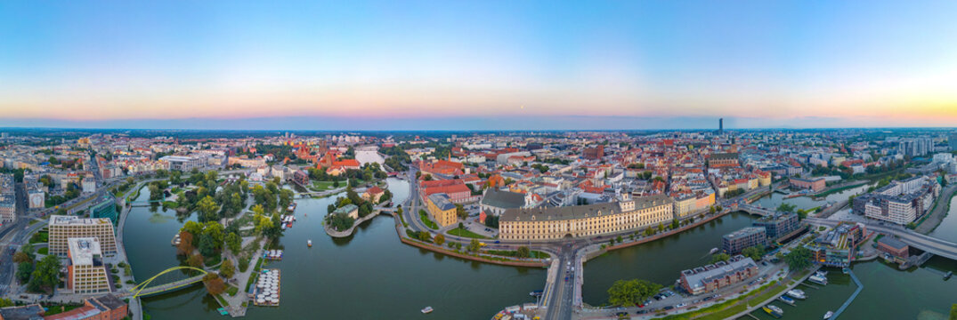 Sunset view of center of Wroclaw with Roman Catholic parish chur