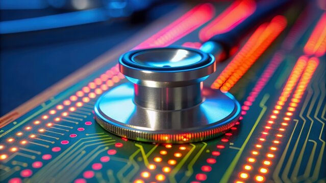 Cybersecurity in telemedicine stethoscope on circuit board with glowing data flow, digital health network concept feeling vigilant and secure
