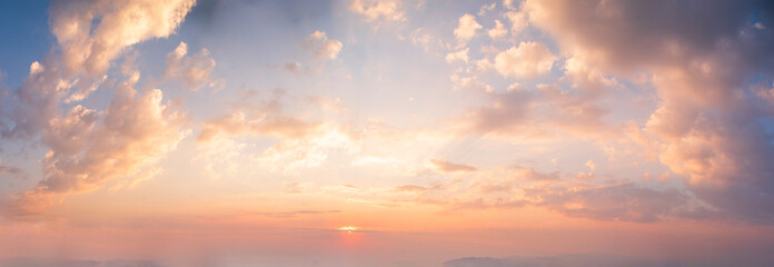 Banner Golden sky sunrise dramatic beautiful landscape view. Dawn sky gold dusk time cloudscape with sunlight. Panorama Dramatic sunset scenic landscape. Beautiful landscape nature with copy space