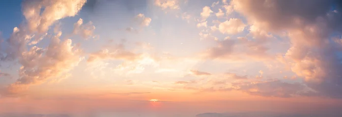 Fotobehang Zomer Banner Golden sky sunrise dramatic beautiful landscape view. Dawn sky gold dusk time cloudscape with sunlight. Panorama Dramatic sunset scenic landscape. Beautiful landscape nature with copy space  © aFotostock