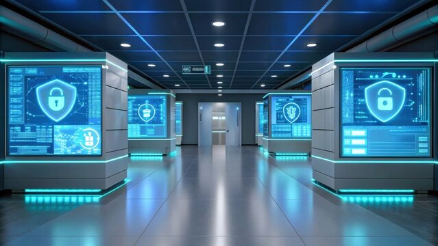 Cybersecurity in telemedicine hallway server room data center secure network privacy protection glowing screen modern clinic calm